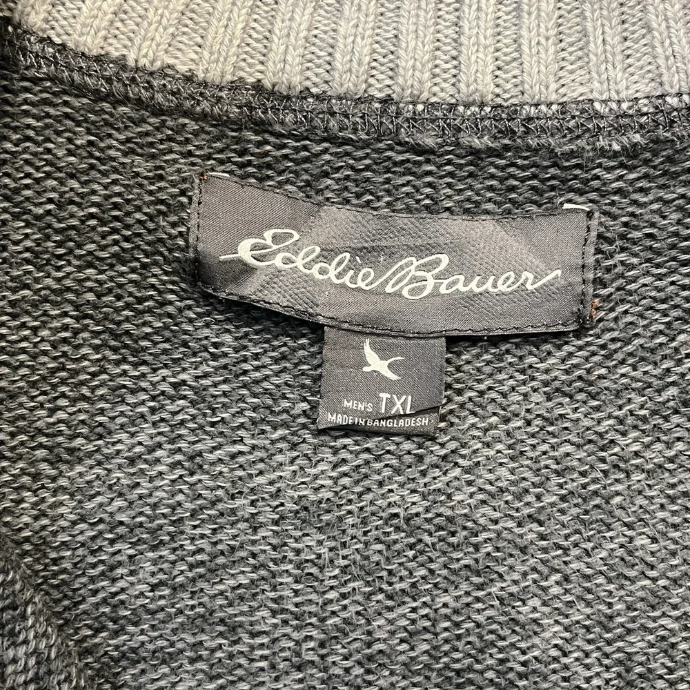 Eddie Bauer Quarter Zip Sweater Mens TXL Gray Cotton Ribbed Mock Neck Knit